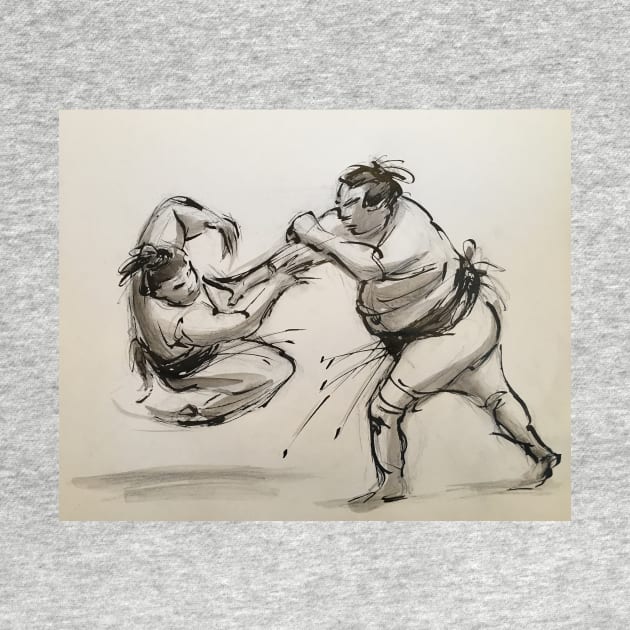 Sumo #7 - Sumo wrestlers ink wash painting on paper by tranquilwaters